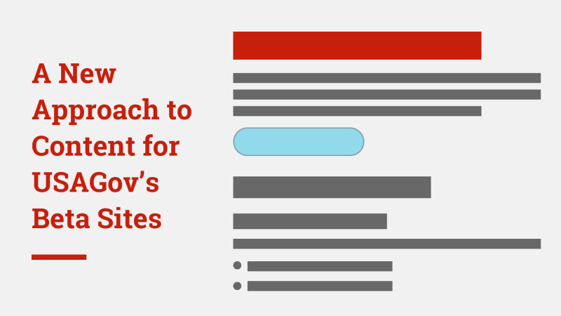 Blog title "A New Approach to Content for USAGov's Beta Sites" with low fidelity mockup of a beta.usa.gov page content