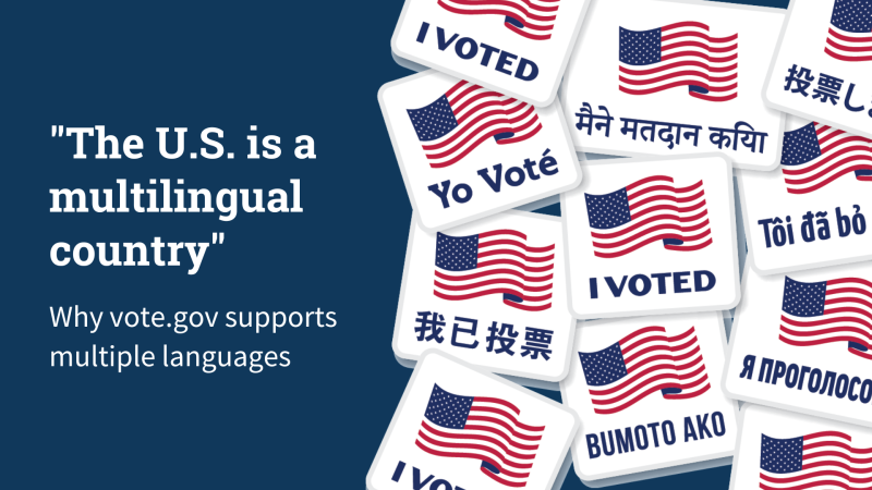"The U.S. is a multilingual country" Why vote.gov supports multiple languages with illustration of "I voted" stickers in multiple languages.