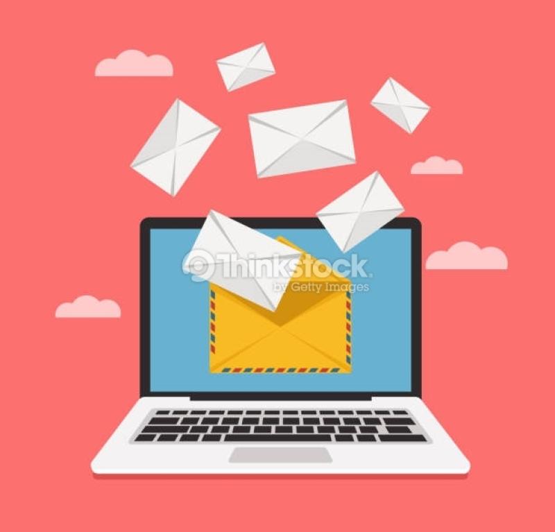 A laptop with an open yellow envelope on the screen, surrounded by flying white envelopes, set against a pink background with clouds.