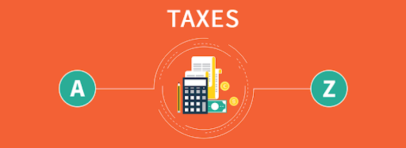 A banner with "TAXES" in white text on an orange background, featuring a calculator and money icon in the center, connected by lines to "A" and "Z" on either side in green circles.